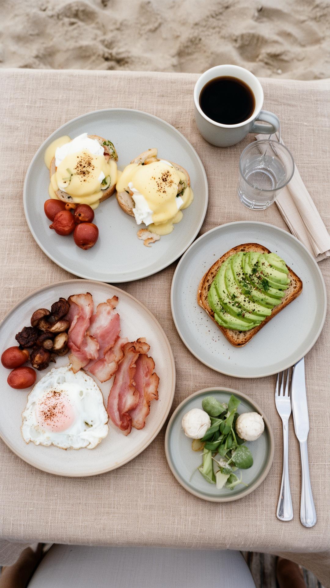 Brunch spread on a beige linen tablecloth on the beach